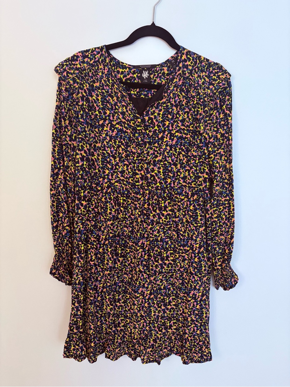Scotch & Soda Long-Sleeve Floral Print Dress in Black, Pink & Yellow